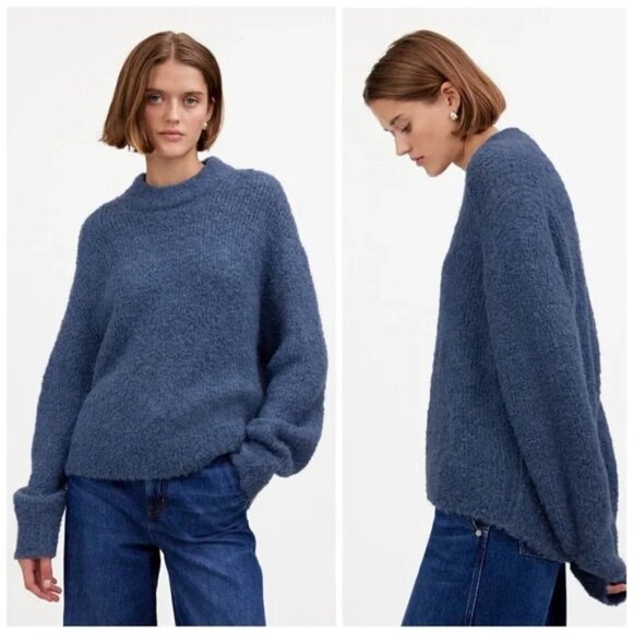 Madewell Wool Alpaca Blend Boucle-Knit Mock Neck Oversized Sweater Blue L NWT - Picture 2 of 6